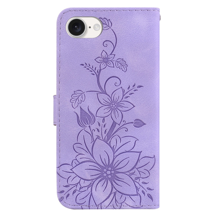 For iPhone 16e Lily Embossed Leather Phone Case(Purple) - iPhone 16e Cases by PMC TechLife | Online Shopping South Africa | PMC TechLife | Buy Now Pay Later Mobicred