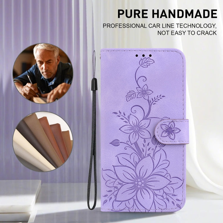 For iPhone 16e Lily Embossed Leather Phone Case(Purple) - iPhone 16e Cases by PMC TechLife | Online Shopping South Africa | PMC TechLife | Buy Now Pay Later Mobicred