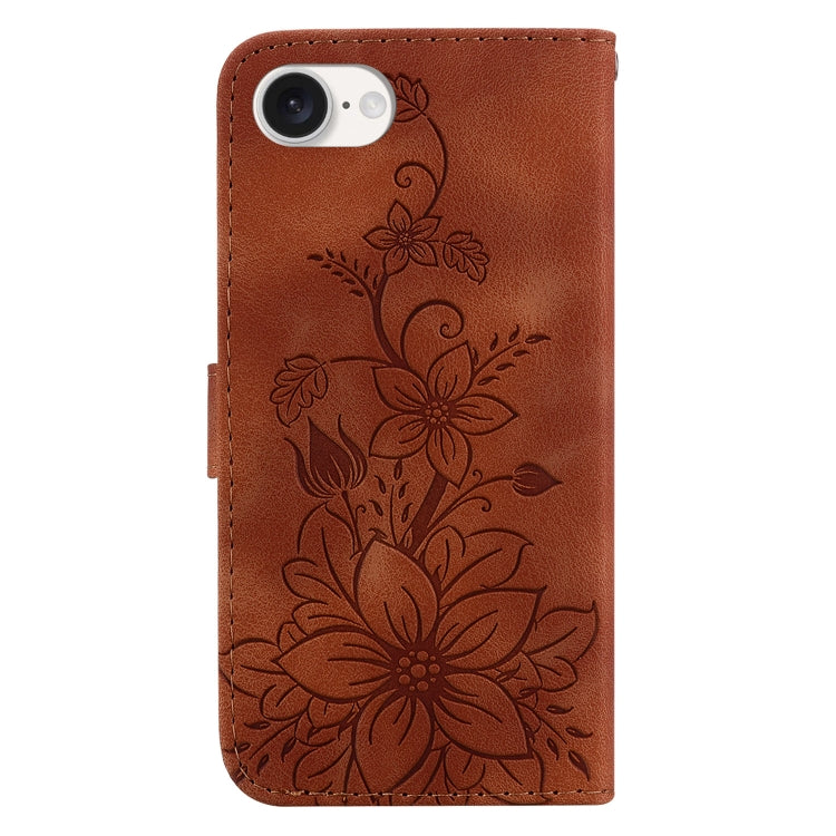 For iPhone 16e Lily Embossed Leather Phone Case(Brown) - iPhone 16e Cases by PMC TechLife | Online Shopping South Africa | PMC TechLife | Buy Now Pay Later Mobicred