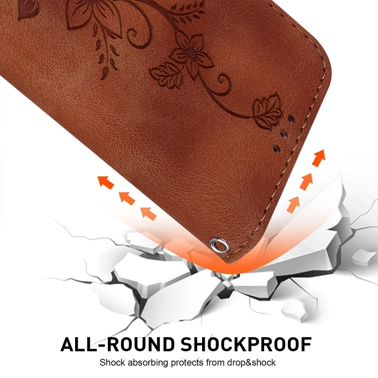 For iPhone 16e Lily Embossed Leather Phone Case(Brown) - iPhone 16e Cases by PMC TechLife | Online Shopping South Africa | PMC TechLife | Buy Now Pay Later Mobicred