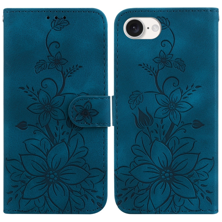 For iPhone 16e Lily Embossed Leather Phone Case(Dark Blue) - iPhone 16e Cases by PMC TechLife | Online Shopping South Africa | PMC TechLife | Buy Now Pay Later Mobicred