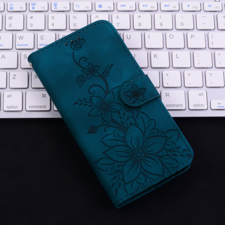 For iPhone 16e Lily Embossed Leather Phone Case(Dark Blue) - iPhone 16e Cases by PMC TechLife | Online Shopping South Africa | PMC TechLife | Buy Now Pay Later Mobicred