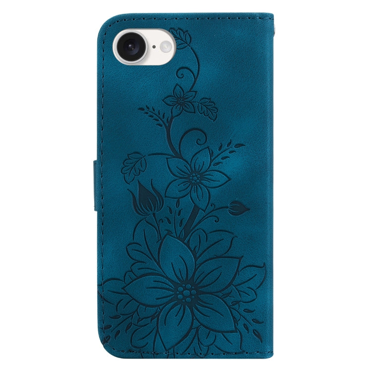 For iPhone 16e Lily Embossed Leather Phone Case(Dark Blue) - iPhone 16e Cases by PMC TechLife | Online Shopping South Africa | PMC TechLife | Buy Now Pay Later Mobicred