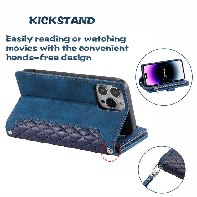 For iPhone 16 Pro Max Grid Texture Zipper Leather Phone Case with Lanyard(Blue) - iPhone 16 Pro Max Cases by PMC TechLife | Online Shopping South Africa | PMC TechLife | Buy Now Pay Later Mobicred