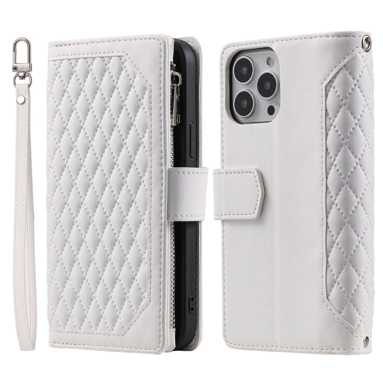 For iPhone 16 Pro Grid Texture Zipper Leather Phone Case with Lanyard(White) - free shipping - PMC TechLife - Order now!