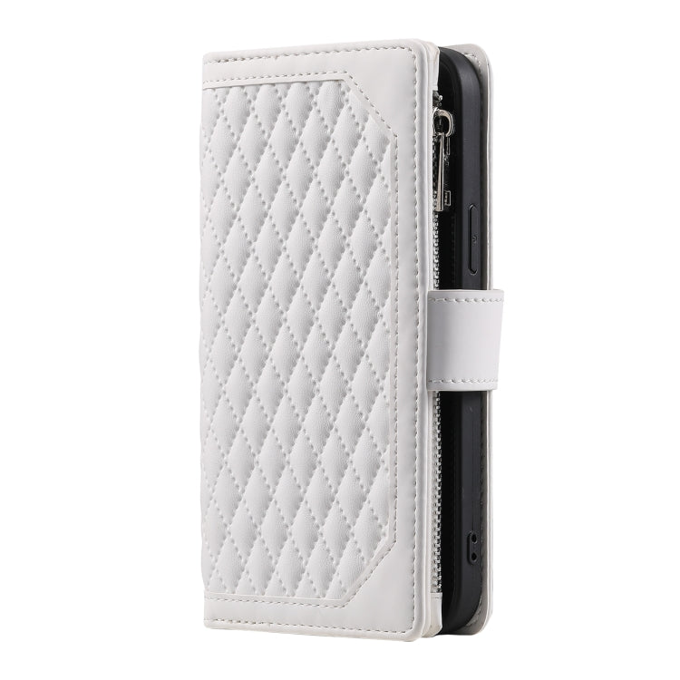 For iPhone 16 Pro Grid Texture Zipper Leather Phone Case with Lanyard(White) - free shipping - PMC TechLife - Order now!