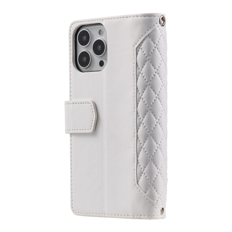 For iPhone 16 Pro Grid Texture Zipper Leather Phone Case with Lanyard(White) - free shipping - PMC TechLife - Order now!