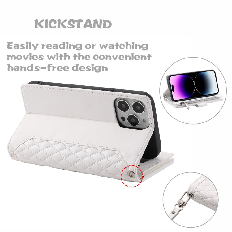 For iPhone 16 Pro Grid Texture Zipper Leather Phone Case with Lanyard(White) - free shipping - PMC TechLife - Order now!