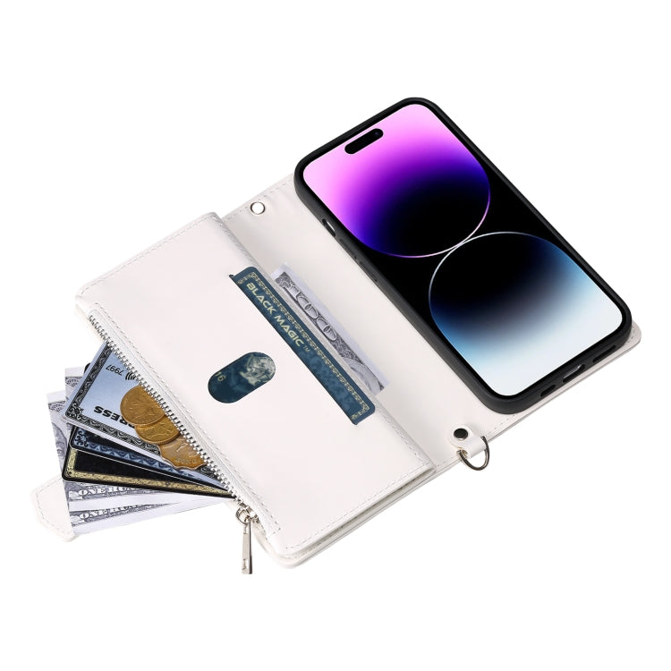 For iPhone 16 Pro Grid Texture Zipper Leather Phone Case with Lanyard(White) - free shipping - PMC TechLife - Order now!