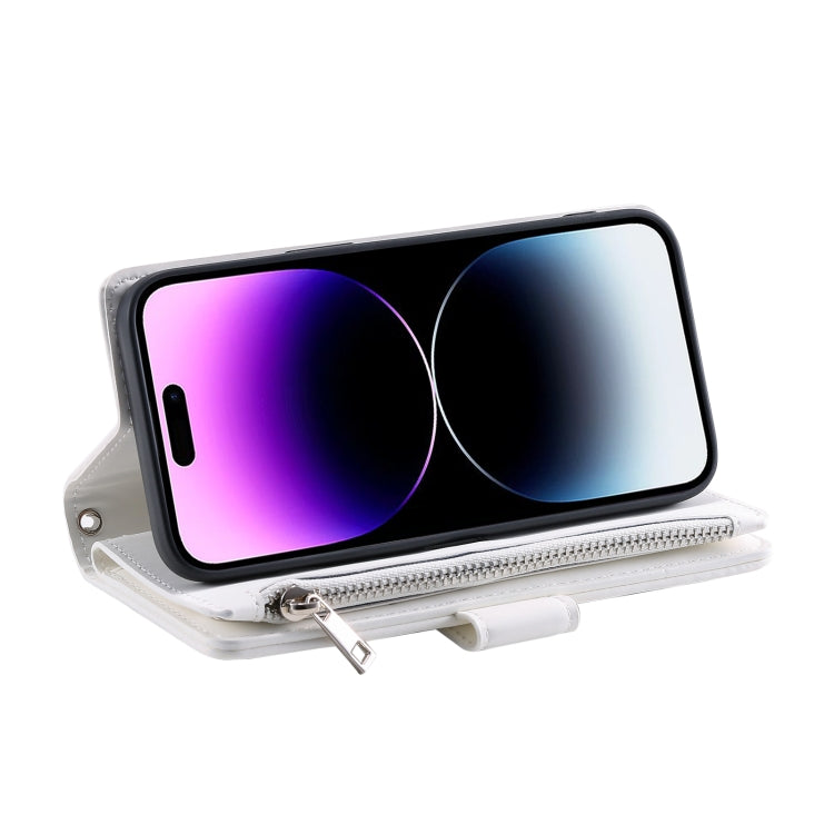 For iPhone 16 Pro Grid Texture Zipper Leather Phone Case with Lanyard(White) - free shipping - PMC TechLife - Order now!