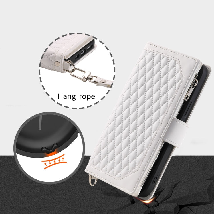 For iPhone 16 Pro Grid Texture Zipper Leather Phone Case with Lanyard(White) - free shipping - PMC TechLife - Order now!