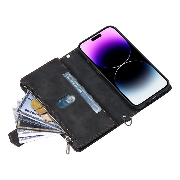 For iPhone 16 Plus Grid Texture Zipper Leather Phone Case with Lanyard(Black) - iPhone 16 Plus Cases by PMC TechLife | Online Shopping South Africa | PMC TechLife | Buy Now Pay Later Mobicred