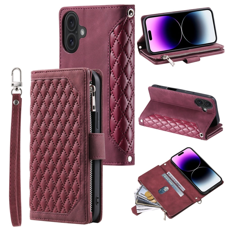 For iPhone 16 Grid Texture Zipper Leather Phone Case with Lanyard(Wine Red) - iPhone 16 Cases by PMC TechLife | Online Shopping South Africa | PMC TechLife | Buy Now Pay Later Mobicred
