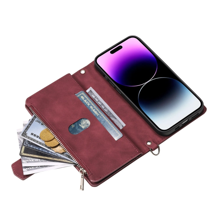 For iPhone 16 Grid Texture Zipper Leather Phone Case with Lanyard(Wine Red) - iPhone 16 Cases by PMC TechLife | Online Shopping South Africa | PMC TechLife | Buy Now Pay Later Mobicred