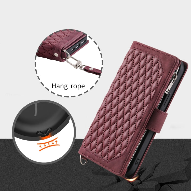 For iPhone 16 Grid Texture Zipper Leather Phone Case with Lanyard(Wine Red) - iPhone 16 Cases by PMC TechLife | Online Shopping South Africa | PMC TechLife | Buy Now Pay Later Mobicred