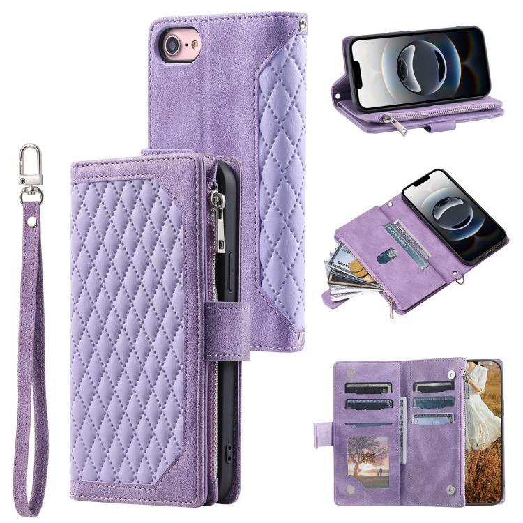 For iPhone 16e Grid Texture Zipper Leather Phone Case with Lanyard(Purple) - iPhone 16e Cases by PMC TechLife | Online Shopping South Africa | PMC TechLife | Buy Now Pay Later Mobicred