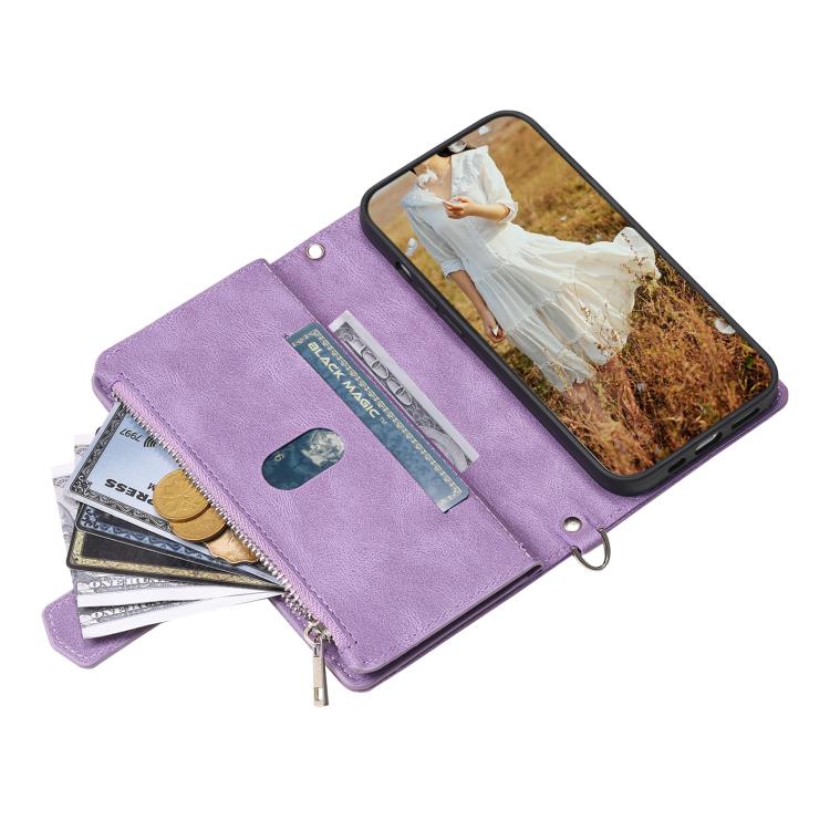 For iPhone 16e Grid Texture Zipper Leather Phone Case with Lanyard(Purple) - iPhone 16e Cases by PMC TechLife | Online Shopping South Africa | PMC TechLife | Buy Now Pay Later Mobicred