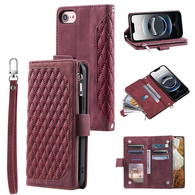 For iPhone 16e Grid Texture Zipper Leather Phone Case with Lanyard(Wine Red) - iPhone 16e Cases by PMC TechLife | Online Shopping South Africa | PMC TechLife | Buy Now Pay Later Mobicred