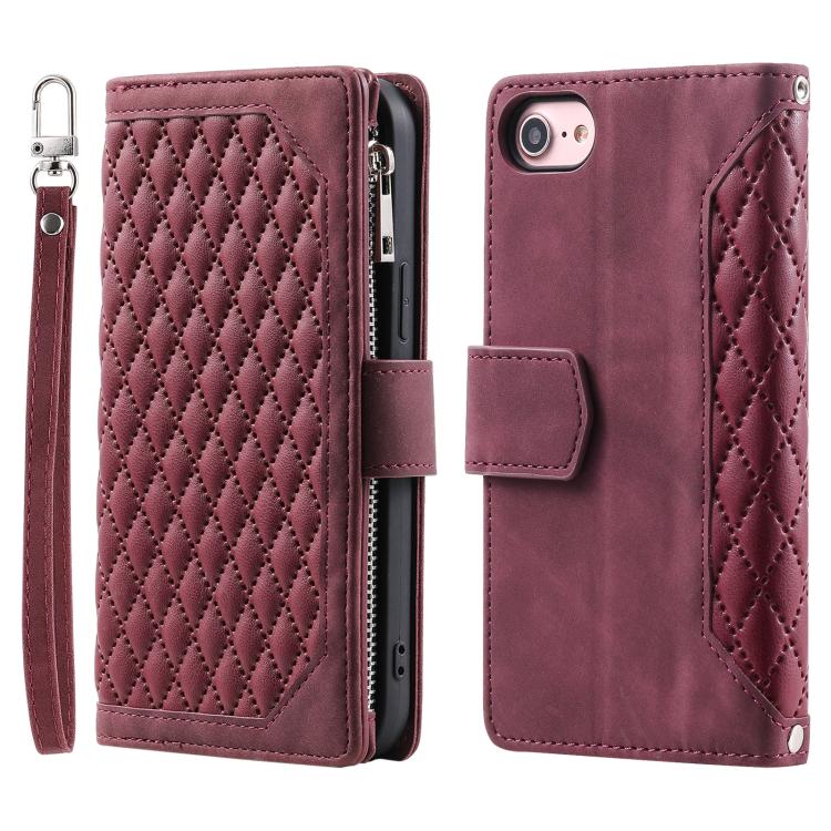 For iPhone 16e Grid Texture Zipper Leather Phone Case with Lanyard(Wine Red) - iPhone 16e Cases by PMC TechLife | Online Shopping South Africa | PMC TechLife | Buy Now Pay Later Mobicred