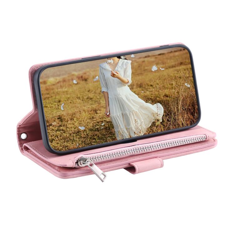 For iPhone 16e Grid Texture Zipper Leather Phone Case with Lanyard(Rose Gold) - iPhone 16e Cases by PMC TechLife | Online Shopping South Africa | PMC TechLife | Buy Now Pay Later Mobicred