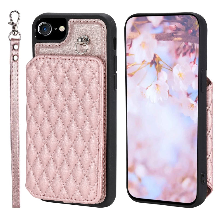 For iPhone SE 2022 / 2020 / 8 / 7 Grid Texture Card Bag Phone Case with Lanyard(Rose Gold) - iPhone SE 2022 / 2020 / 8 / 7 Cases by PMC TechLife | Online Shopping South Africa | PMC TechLife