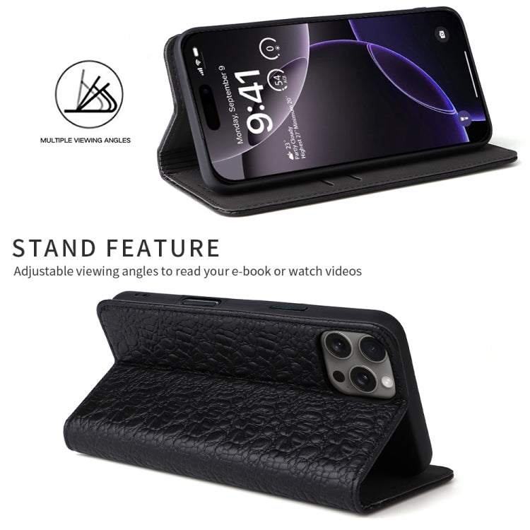 For iPhone 16 Pro Fierre Shann Crocodile Texture Magnetic Genuine Leather Phone Case(Black) - free shipping - PMC Jewellery - Order now!