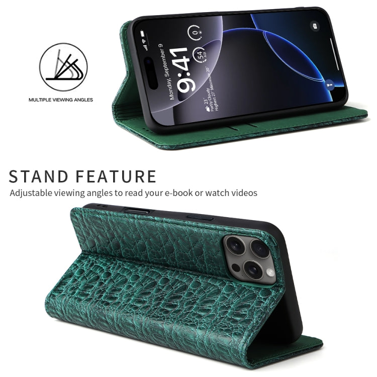 For iPhone 16 Pro Fierre Shann Crocodile Texture Magnetic Genuine Leather Phone Case(Green) - iPhone 16 Pro Cases by FIERRE SHANN | Online Shopping South Africa | PMC Jewellery | Buy Now Pay Later Mobicred