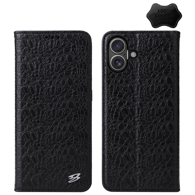 For iPhone 16 Plus Fierre Shann Crocodile Texture Magnetic Genuine Leather Phone Case(Black) - free shipping - PMC Jewellery - Order now!