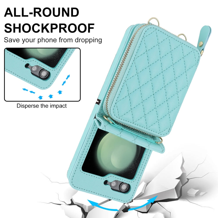 For Samsung Galaxy Z Flip5 Rhombic Texture Card Bag Phone Case with Dual Lanyard(Green) - free shipping - PMC TechLife - Order now!