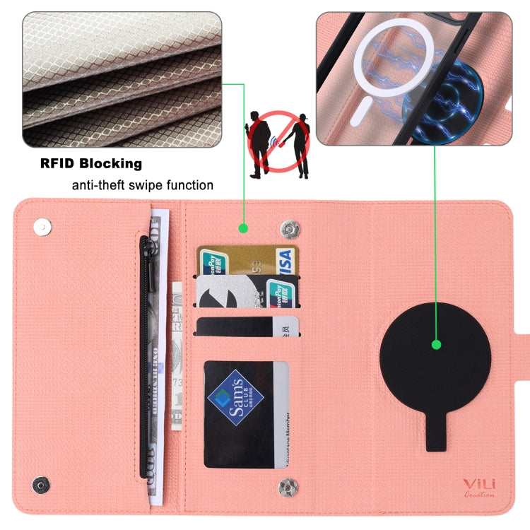 For iPhone 15 ViLi GHB Series MagSafe Magnetic Zipper Leather Phone Case(Pink) - free shipping - PMC Jewellery - Order now!