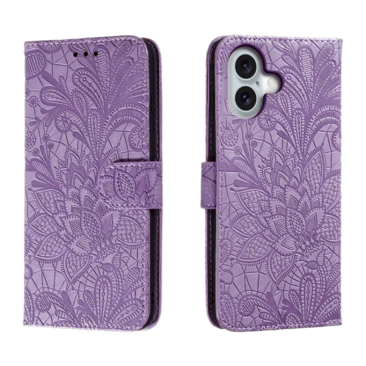 For iPhone 16 Lace Flower Embossing Flip Leather Phone Case(Purple) - free shipping - PMC TechLife - Order now!