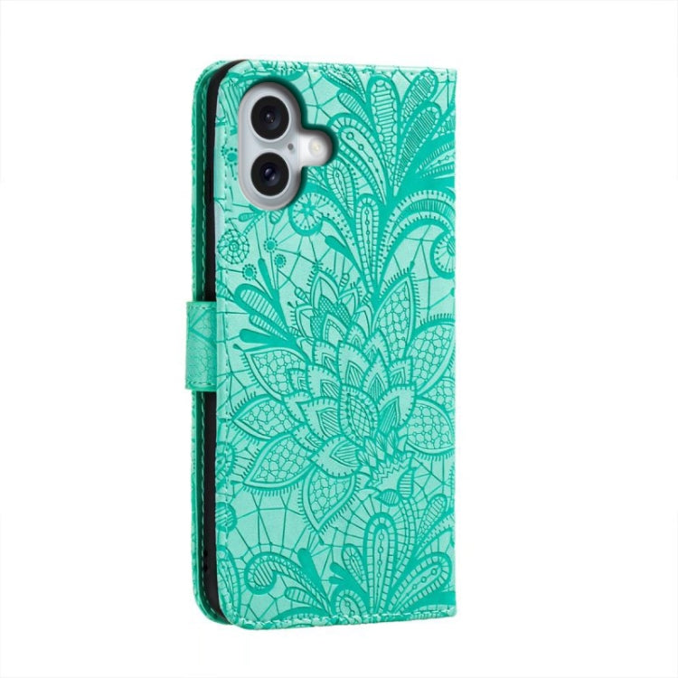 For iPhone 16 Plus Lace Flower Embossing Flip Leather Phone Case(Green) - free shipping - PMC TechLife - Order now!