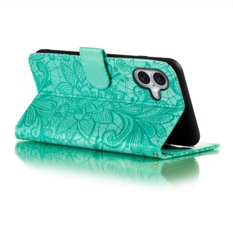 For iPhone 16 Plus Lace Flower Embossing Flip Leather Phone Case(Green) - free shipping - PMC TechLife - Order now!