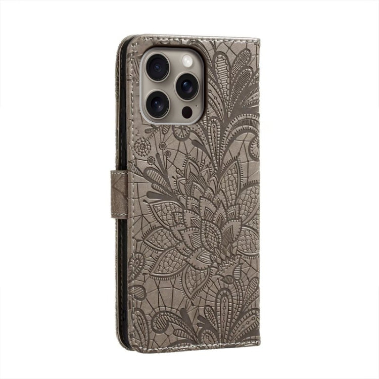 For iPhone 16 Pro Max Lace Flower Embossing Flip Leather Phone Case(Grey) - iPhone 16 Pro Max Cases by PMC TechLife | Online Shopping South Africa | PMC TechLife | Buy Now Pay Later Mobicred