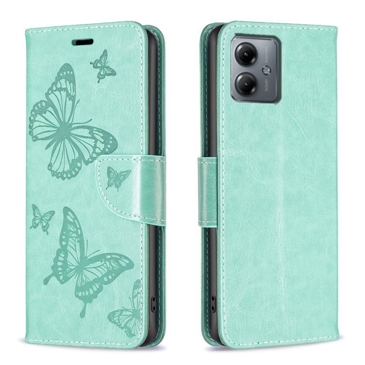 For Motorola Moto G14 4G Embossing Two Butterflies Pattern Leather Phone Case(Green) - Motorola Cases by PMC TechLife | Online Shopping South Africa | PMC TechLife | Buy Now Pay Later Mobicred