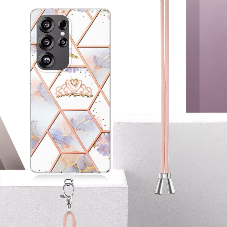 For Samsung Galaxy S25 Ultra 5G Electroplating Splicing Marble Flower IMD TPU Phone Case with Lanyard(Crown) - Galaxy S25 Ultra 5G Cases by PMC Jewellery | Online Shopping South Africa | PMC Jewellery | Buy Now Pay Later Mobicred