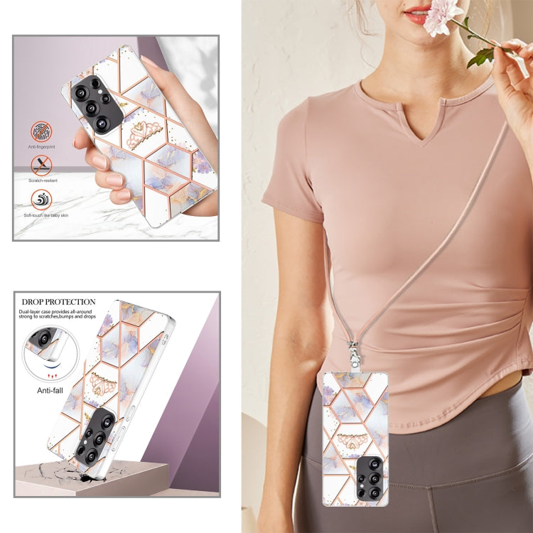 For Samsung Galaxy S25 Ultra 5G Electroplating Splicing Marble Flower IMD TPU Phone Case with Lanyard(Crown) - Galaxy S25 Ultra 5G Cases by PMC Jewellery | Online Shopping South Africa | PMC Jewellery | Buy Now Pay Later Mobicred