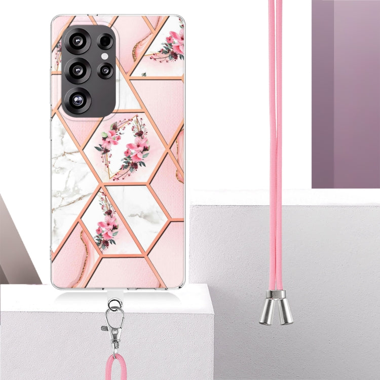 For Samsung Galaxy S25 Ultra 5G Electroplating Splicing Marble Flower IMD TPU Phone Case with Lanyard(Pink Flower) - Galaxy S25 Ultra 5G Cases by PMC Jewellery | Online Shopping South Africa | PMC Jewellery | Buy Now Pay Later Mobicred