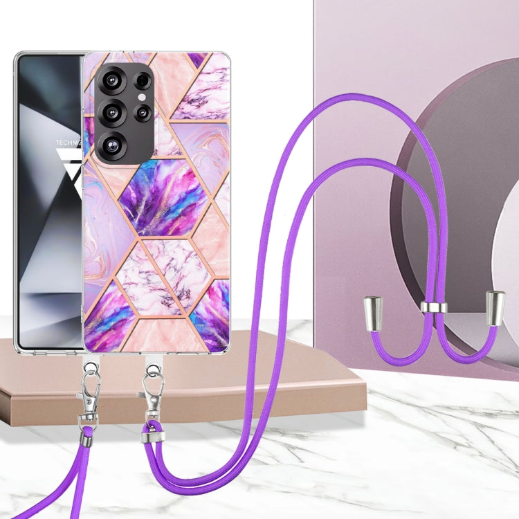 For Samsung Galaxy S25 Ultra 5G Electroplating IMD Splicing Dual-side Marble TPU Phone Case with Lanyard(Light Purple) - Galaxy S25 Ultra 5G Cases by PMC TechLife | Online Shopping South Africa | PMC TechLife | Buy Now Pay Later Mobicred