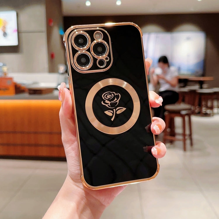 For iPhone 12 Pro Electroplate Side Roses Flower MagSafe Phone Case(Black) - iPhone 12 / 12 Pro Cases by PMC TechLife | Online Shopping South Africa | PMC TechLife