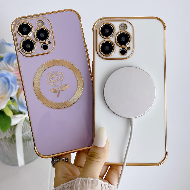 For iPhone 14 Plus Electroplate Side Roses Flower MagSafe Phone Case(Purple) - iPhone 14 Plus Cases by PMC TechLife | Online Shopping South Africa | PMC TechLife