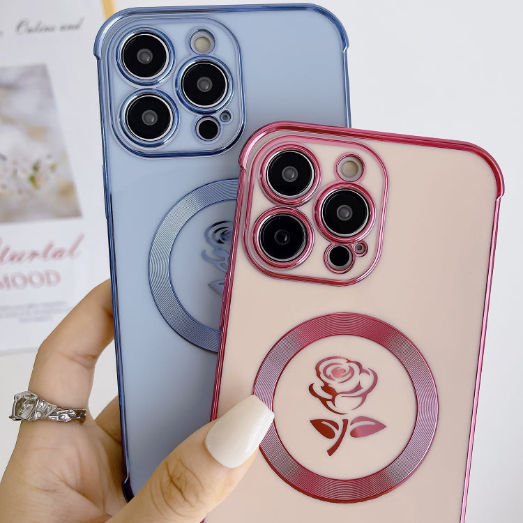 For iPhone 14 Pro Max Electroplate Side Roses Flower MagSafe Phone Case(Blue) - iPhone 14 Pro Max Cases by PMC TechLife | Online Shopping South Africa | PMC TechLife