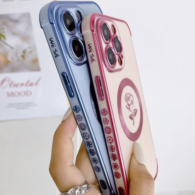 For iPhone 15 Plus Electroplate Side Roses Flower MagSafe Phone Case(Pink) - iPhone 15 Plus Cases by PMC TechLife | Online Shopping South Africa | PMC TechLife