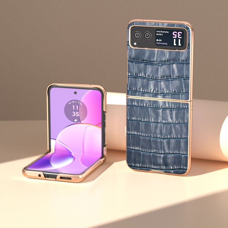 For Motorola Razr 40 Crocodile Texture Genuine Leather Electroplating Phone Case(Blue) - Motorola Cases by PMC TechLife | Online Shopping South Africa | PMC TechLife | Buy Now Pay Later Mobicred