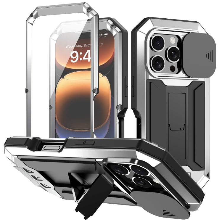 For iPhone 16 Pro Max R-JUST Sliding Camera IP54 Life Waterproof Holder Phone Case(Silver) - free shipping - PMC Jewellery - Order now!