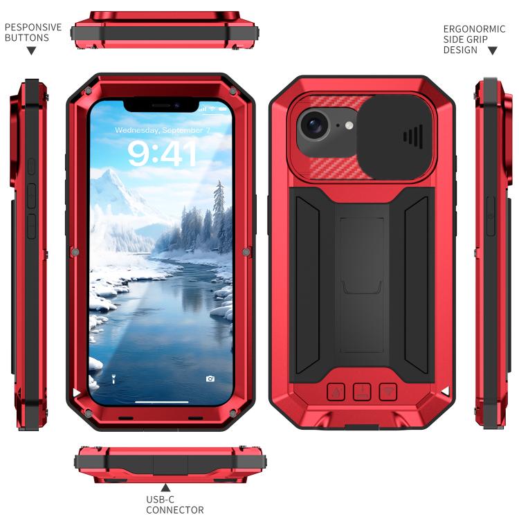 For iPhone 16e R-JUST Sliding Camera IP54 Life Waterproof Holder Phone Case(Red) - iPhone 16e Cases by R-JUST | Online Shopping South Africa | PMC TechLife | Buy Now Pay Later Mobicred