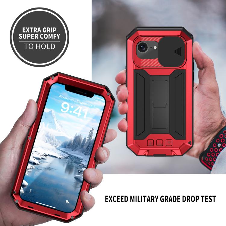 For iPhone 16e R-JUST Sliding Camera IP54 Life Waterproof Holder Phone Case(Red) - iPhone 16e Cases by R-JUST | Online Shopping South Africa | PMC TechLife | Buy Now Pay Later Mobicred
