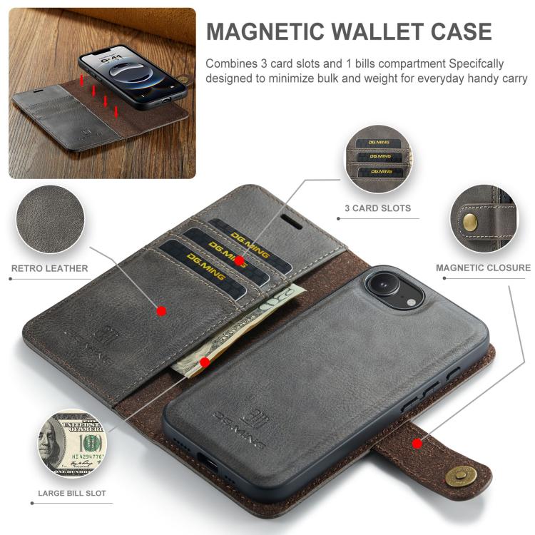 For iPhone 16e DG.MING Crazy Horse Texture Detachable Magnetic Leather Phone Case(Grey) - free shipping - PMc TechLife - Order now!