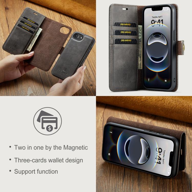 For iPhone 16e DG.MING Crazy Horse Texture Detachable Magnetic Leather Phone Case(Grey) - free shipping - PMc TechLife - Order now!