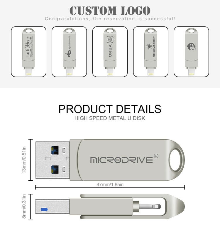 MicroDrive 2 In 1  8 Pin + USB 2.0 Portable Metal USB Flash Disk, Capacity:64GB(Silver) - free shipping - PMC Jewellery - Order now!